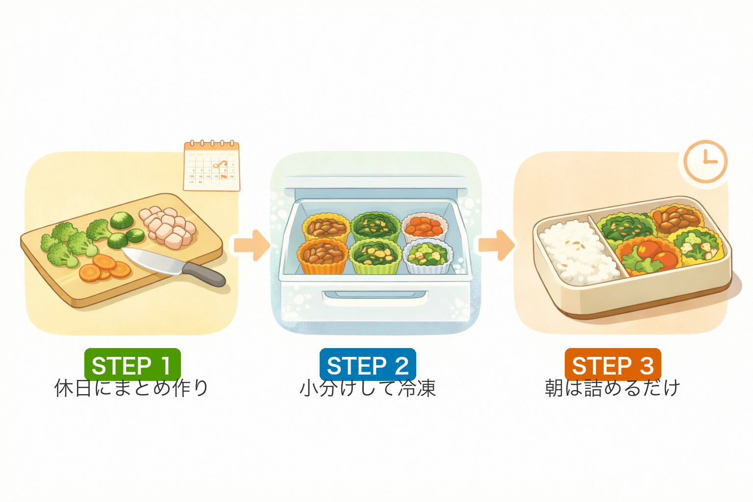 冷凍おかずシステム：休日にまとめ作り→小分けして冷凍→朝は詰めるだけ