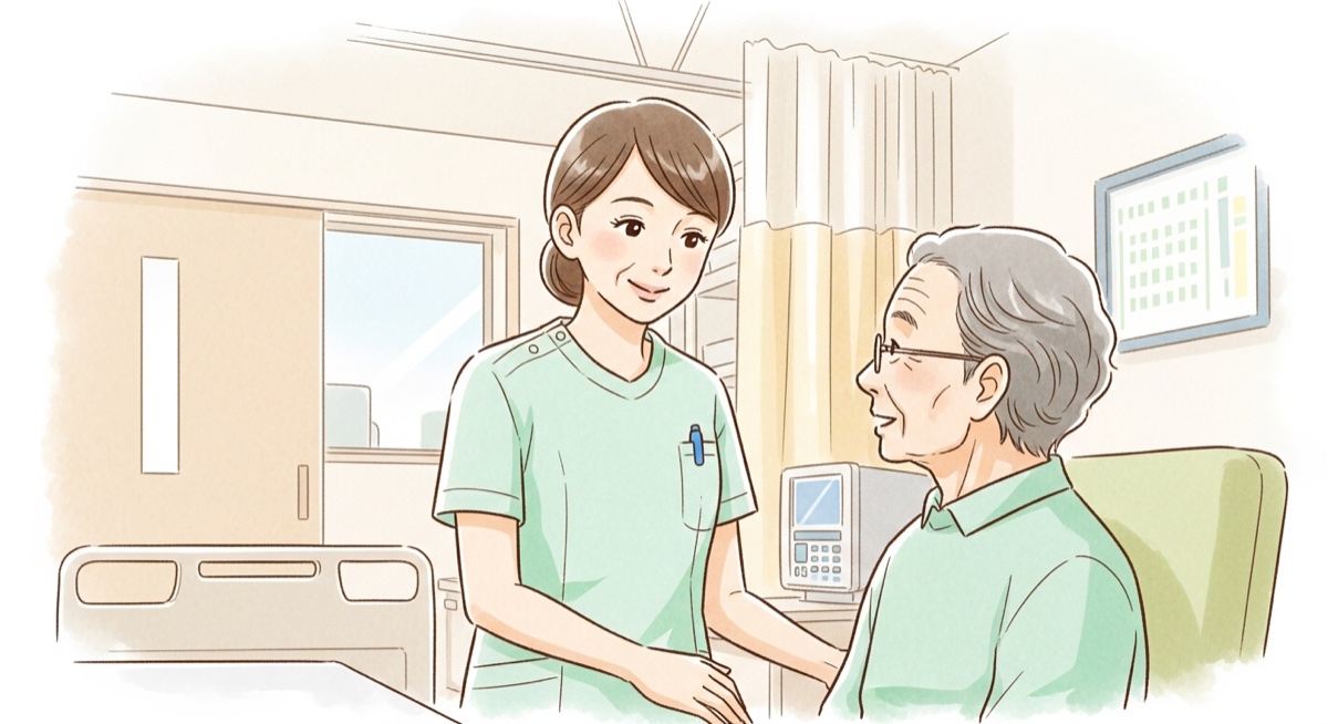 病院で患者さんに寄り添うスクラブ姿の看護助手