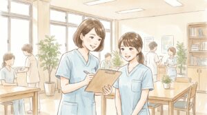 クリップボードで新人看護補助者に優しく説明する先輩看護助手のイラスト