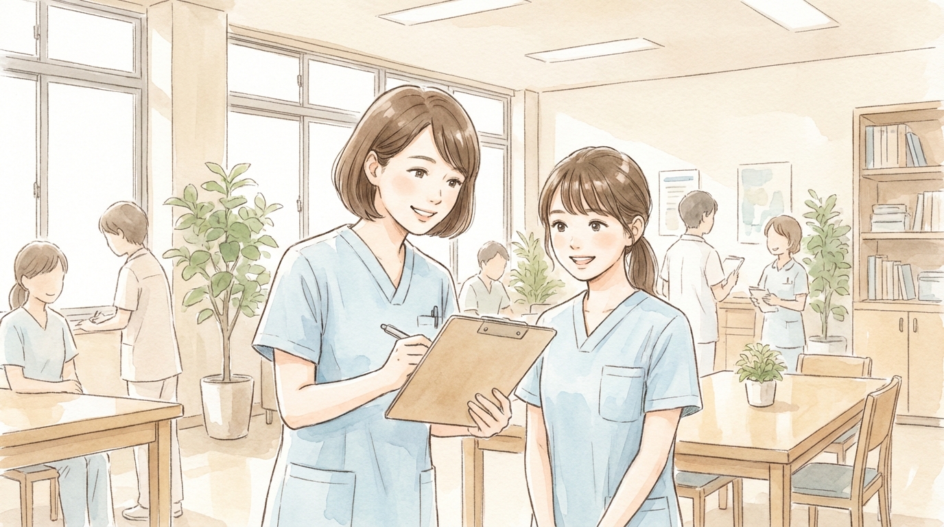 クリップボードで新人看護補助者に優しく説明する先輩看護助手のイラスト