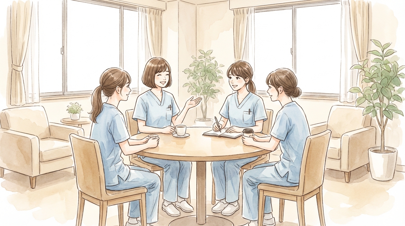 心理的安全性の高いチームで話し合う看護助手たちのイラスト