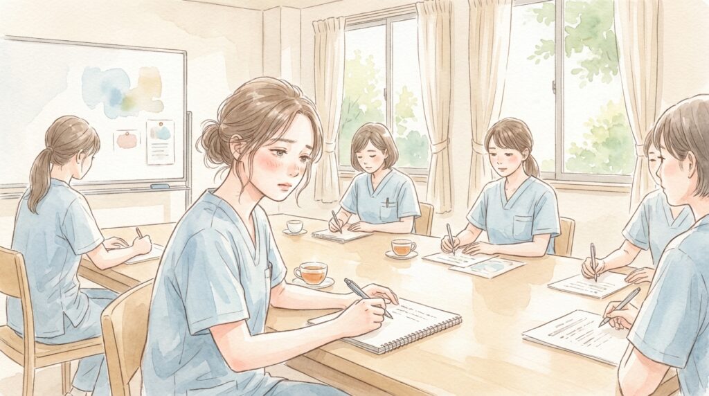 研修を真剣に受ける看護助手・看護補助者たちのイラスト