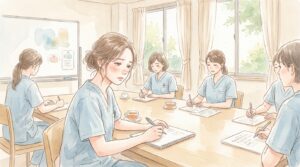 研修を真剣に受ける看護助手・看護補助者たちのイラスト